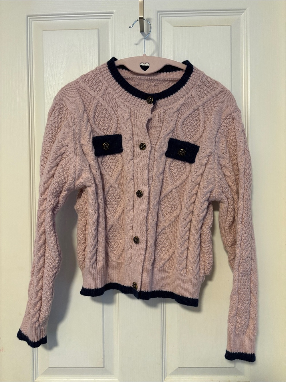 Women’s Cable Knit Pink Cardigan Sweater with Navy Trim